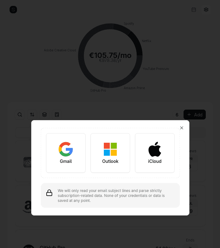 Suprascribe inbox connection screen offering Gmail, Outlook and iCloud, with a note that only subscription-related email data is read and no credentials are stored