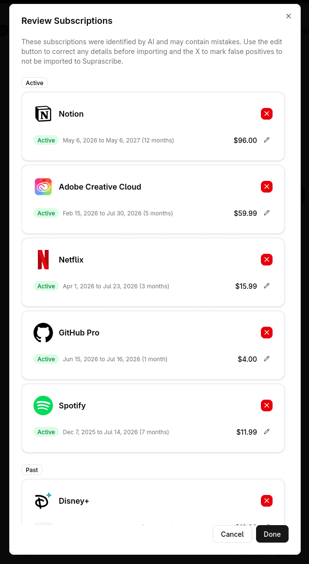 Review screen listing scanned subscriptions with billing period, price, edit and reject buttons