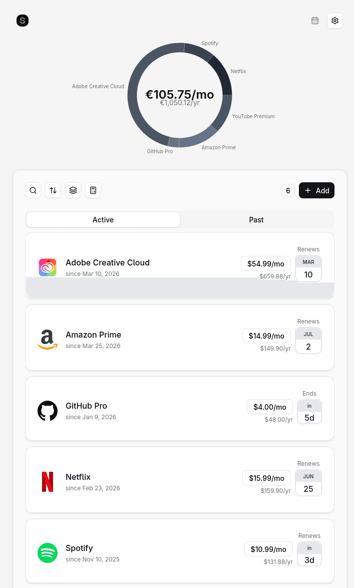 Subscription dashboard listing inbox-discovered services with monthly and yearly totals
