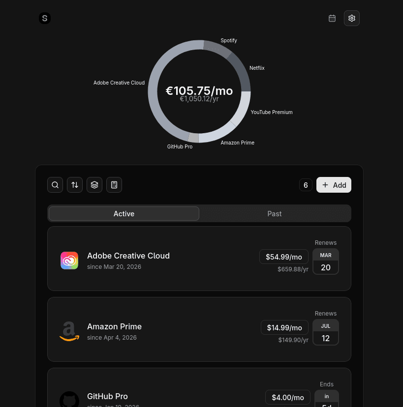 Subscription dashboard with a monthly-spend donut chart and active subscriptions with costs